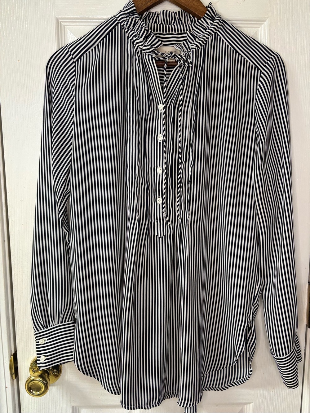LOFT Black & White Vertical Stripe Ruffle-Neck Blouse